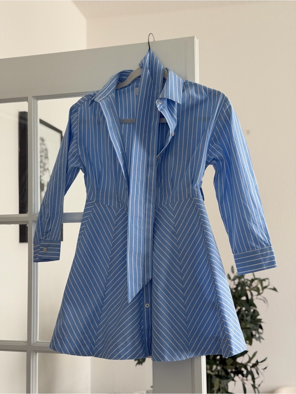 Zara Blue and White Striped Long-Sleeve Shirt Dress with belt